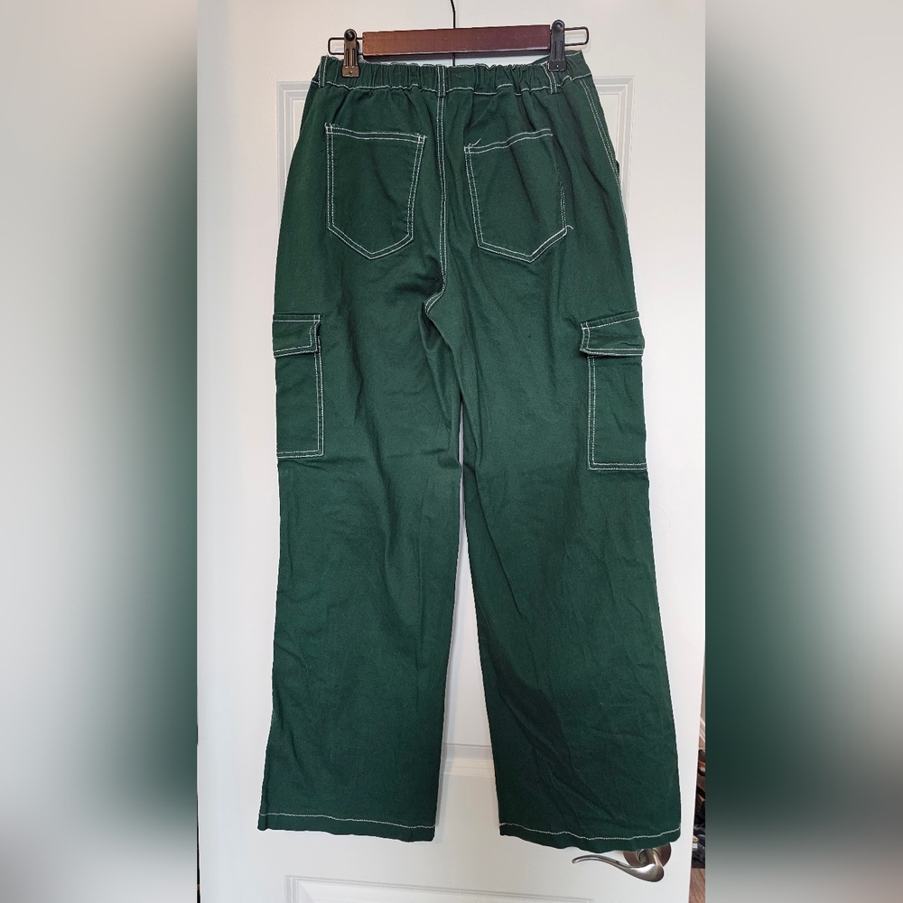 Rachel Paige Green Cargo Pants Size M Wide Leg Contrast Stitch Cotton Stretch - Picture 3 of 5